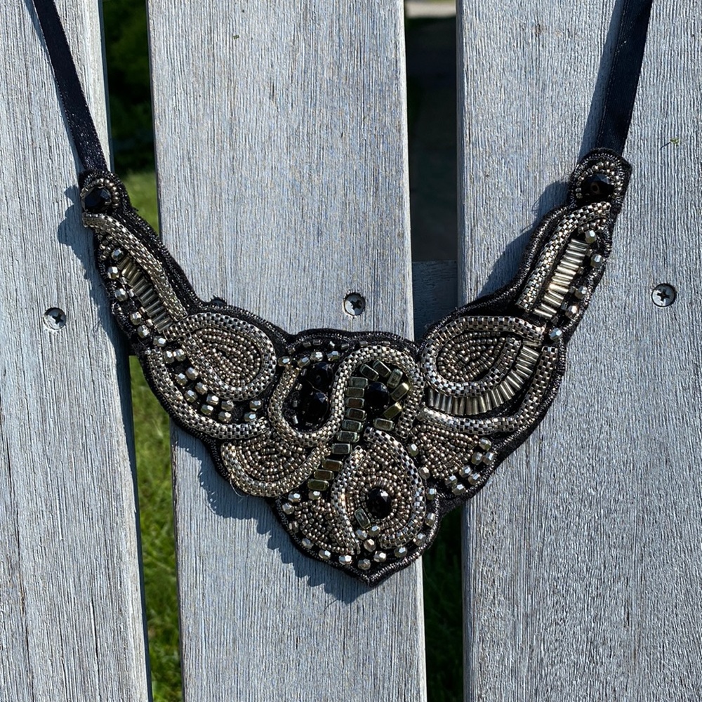 Collar necklace, silver and black beads